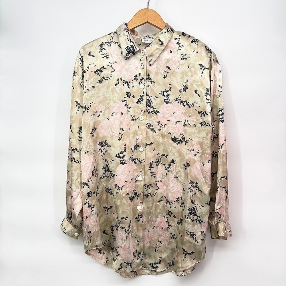 Impressions of California Floral Blouse Satin Long Sleeve VTG Top Cottagecore 10